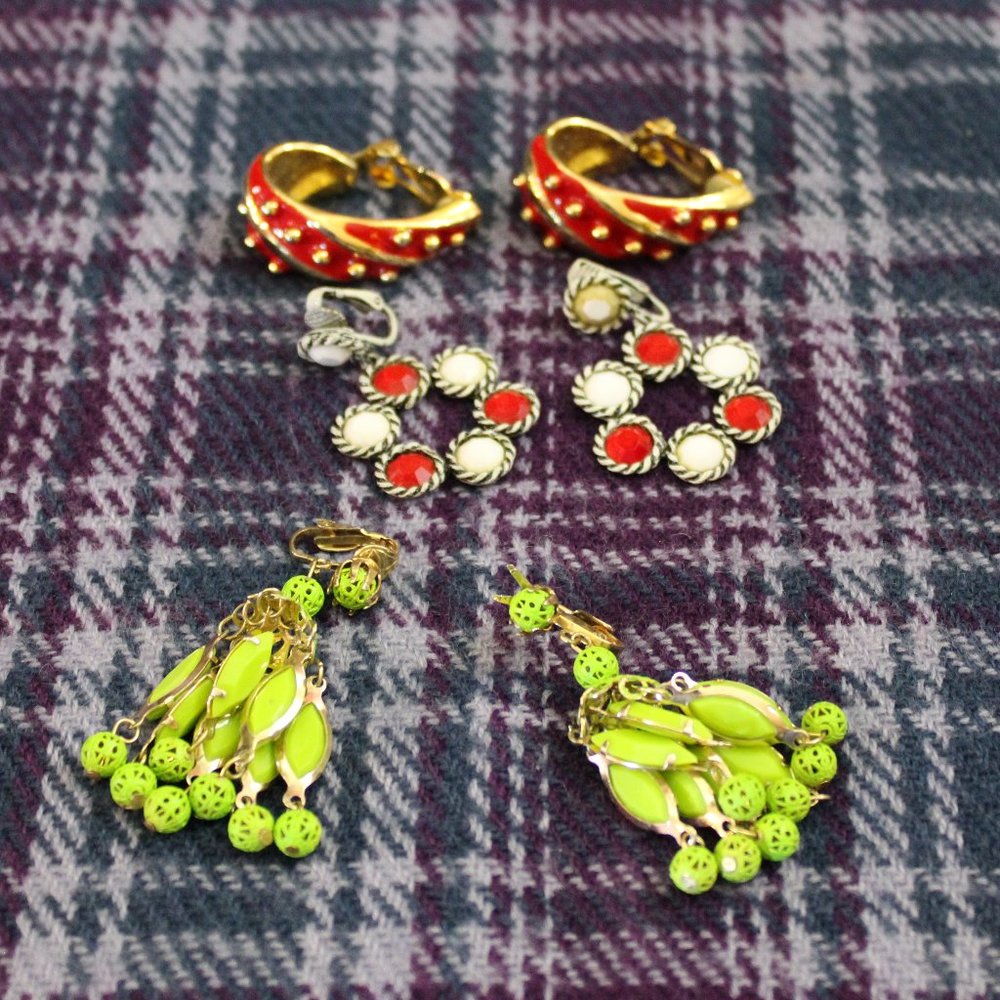 Lot of Three Colorful Mod Enamel Clip on Earrings